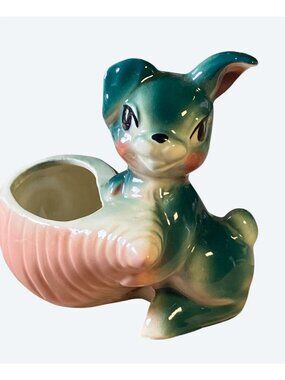 Rabbit Planter Figurine Vintage USA Pottery Green and Peach Ceramic  Marked 703